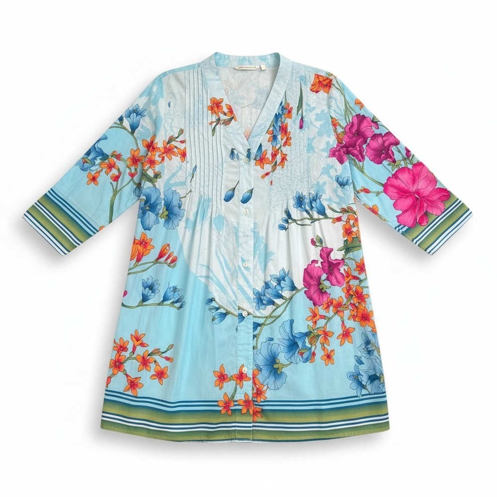 Soft‎ Surroundings Blue Floral Pintuck Cotton Tunic Top 29985 Mens Size M